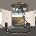 Modern Indoor Retreat Featuring Circular Seating Palm Tree Desert View And Skylight