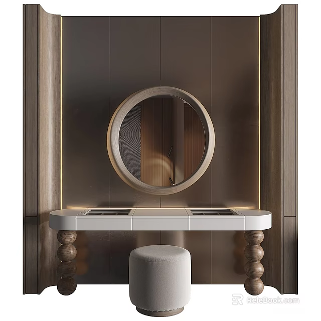 Elegant Dressing Table With Round Mirror White Countertop Wooden Legs And Beige Stool 3d model 