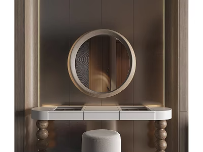 Elegant Dressing Table With Round Mirror White Countertop Wooden Legs And Beige Stool 3d model