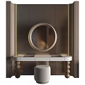 Elegant Dressing Table With Round Mirror White Countertop Wooden Legs And Beige Stool