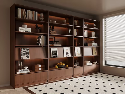 Modern Study Room Interior With Wooden Bookshelves Books Decorations Window And Patterned Rug 3d model