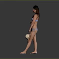 Woman In Blue Bikini Holding Straw Hat With Arms Crossed On Gray Background