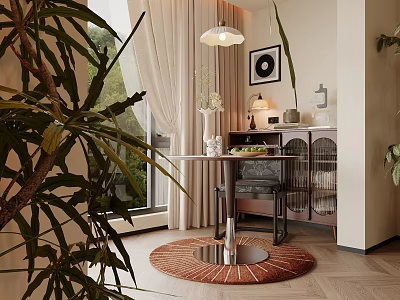 Modern Home Balcony Design With Green Plants Rattan Table And Soft Curtains 3d model