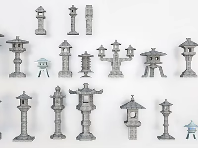 Various Styles Japanese Inspired Outdoor Stone Lantern Lights With Different Shapes And Heights 3d model