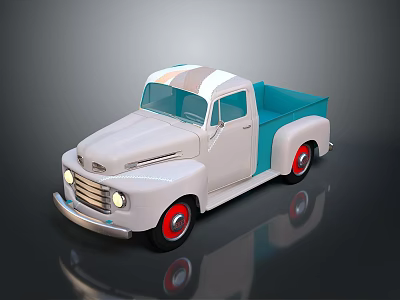 Vintage Classic Pickup Truck With White And Turquoise Body And Red Wheels 3d model