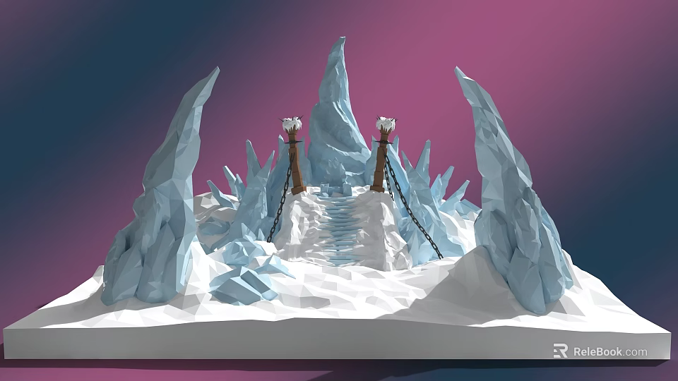 Low Poly Ice Garden Landscape With Stone Steps Torches And Snowy Ground 3d model 