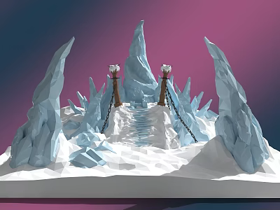 Low Poly Ice Garden Landscape With Stone Steps Torches And Snowy Ground 3d model