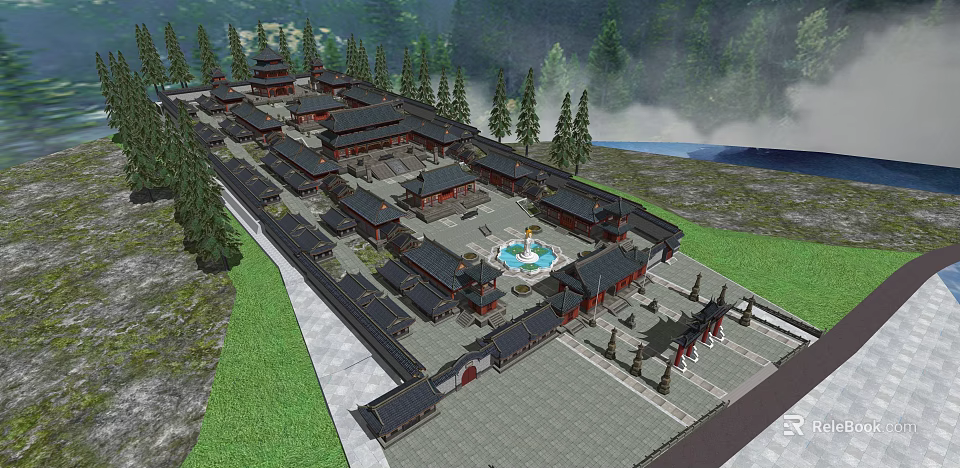 Ancient Chinese Architectural Complex With Central Circular Fountain And Surrounding Trees 3d model 