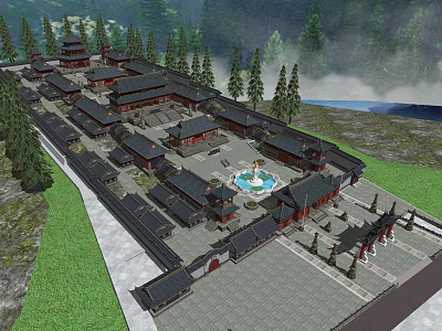 Ancient Chinese Architectural Complex With Central Circular Fountain And Surrounding Trees 3d model