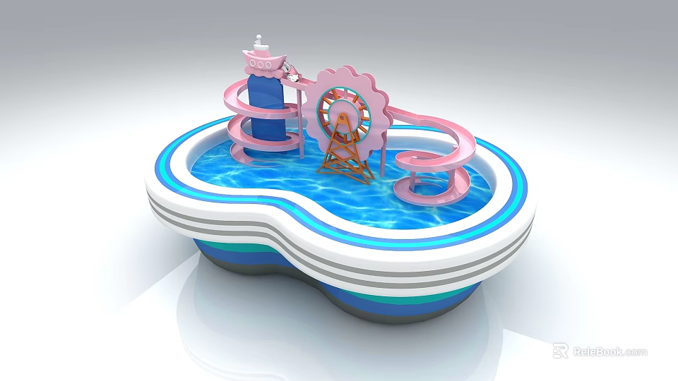 Colorful Pink And Blue Children's Water Playground Equipment With Ferris Wheel And Slide 3d model 