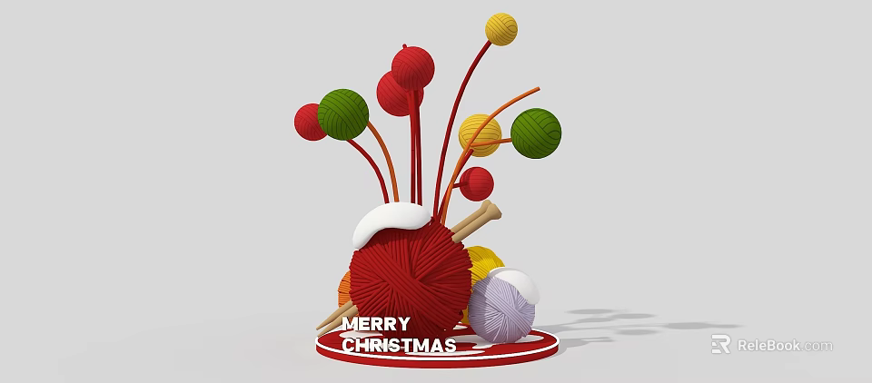 Christmas Themed Art Installation With Colorful Yarn Balls And Knitting Needles Decor 3d model 