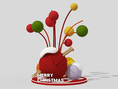 Christmas Themed Art Installation With Colorful Yarn Balls And Knitting Needles Decor 3d model