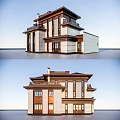 Two Story Detached Villa Exterior With Wooden Accents Large Windows And Balcony