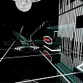 Modern Store Front Desk Interior With Geometric Lighting And Reflective Floor 3d model