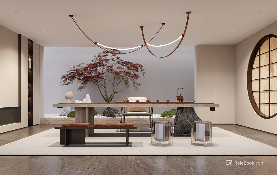 Modern Tea Room Interior Design With Long Table Red Maple And Seats 3d model