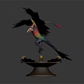 Detailed 3D Model of Colorful Flying Bird with Spread Wings and Golden Pedestal
