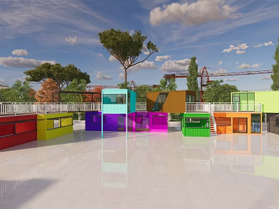 Vibrant Modern Shipping Container Commercial Complex With Reflective Ground And Trees 3d model