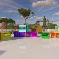 Vibrant Modern Shipping Container Commercial Complex With Reflective Ground And Trees