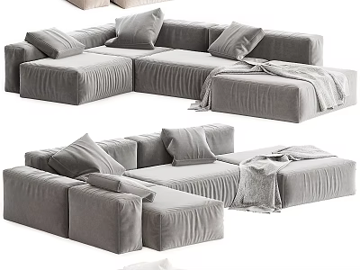 Gray Sectional Sofa with Plush Cushions and Soft Throw Blanket Modern Living Room Furniture 3d model