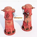 Two Rusty Red Fire Hydrants With Metal Chains And Weathered Surfaces