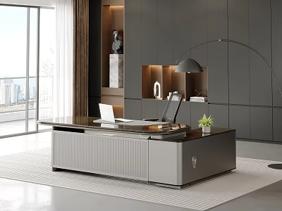 Modern Gray Office Desk with Laptop Lamp and Potted Plant by Large Window City View 3d model