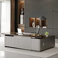 Modern Gray Office Desk with Laptop Lamp and Potted Plant by Large Window City View