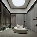 Modern Clubhouse Interior Design With Skylight White Sofa And Wooden Partition Green Plants