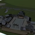 Ancient Architectural Complex with Courtyard River Green Grassland Trees and Stone Paths