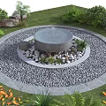 Garden Ornament With Circular Design Stone Centerpiece Gravel Surround Green Plants And Fallen Leaves