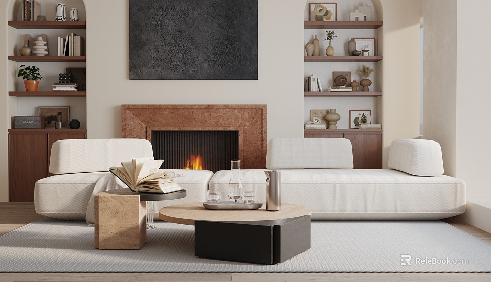 Modern Living and Dining Room With White Sofas Fireplace Bookshelves Coffee Tables And Rug 3d model 