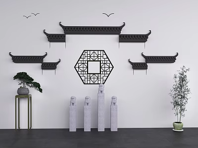 Chinese Style White Background Wall With Black Eaves Hexagonal Lattice Stone Pillars Bamboo And Birds 3d model