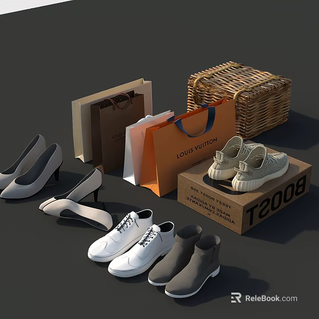 Various Shoes Including Heels Flats Sneakers Boots With Shopping Bags And Box 3d model 
