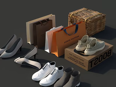 Various Shoes Including Heels Flats Sneakers Boots With Shopping Bags And Box 3d model