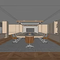 Modern Conference Room Interior With Long Wooden Table Leather Chairs Pendant Lights And Flat Screen