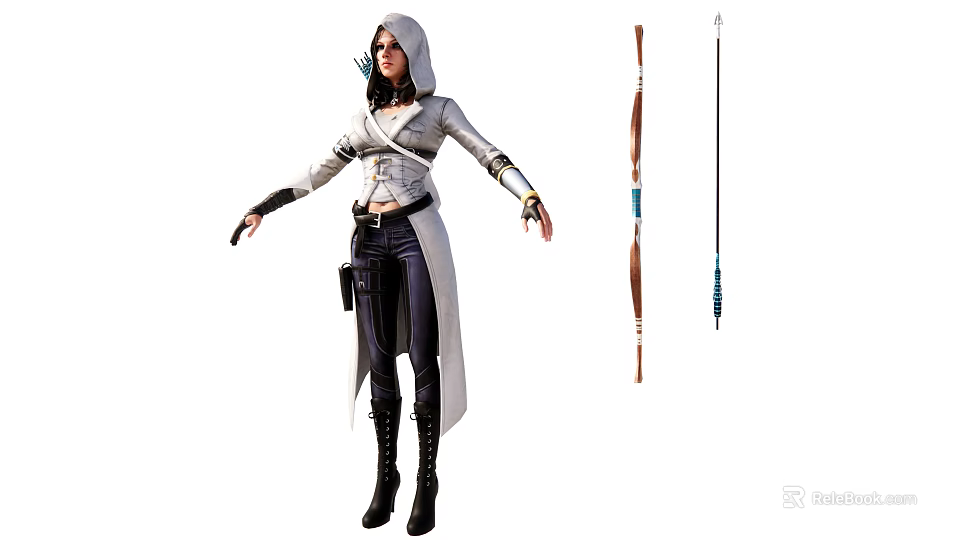 Game Movie Female Character Wearing White Hooded Coat Black Leather Pants With Bow And Arrow 3d model 