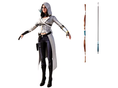 Game Movie Female Character Wearing White Hooded Coat Black Leather Pants With Bow And Arrow 3d model