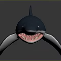 Blue Shark with open mouth and red teeth as toy model on gray background