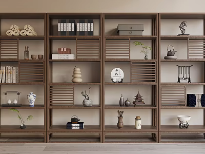 Wooden Antique Display Shelf Showcasing Vases Books Ornaments And Decorative Items 3d model