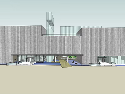 Modern Museum Building With Gray Textured Facade Geometric Glass Structure And Entrance Courtyard 3d model