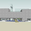 Modern Museum Building With Gray Textured Facade Geometric Glass Structure And Entrance Courtyard