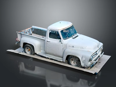 Vintage White Pickup Truck Displayed On Platform With Weathered Exterior Details 3d model