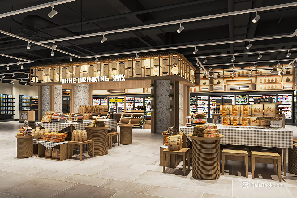 Modern Supermarket Grocery Store Interior With Bakery Bread Displays Shelves And Wooden Tables 3d model 