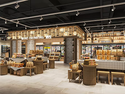 Modern Supermarket Grocery Store Interior With Bakery Bread Displays Shelves And Wooden Tables 3d model