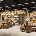 Modern Supermarket Grocery Store Interior With Bakery Bread Displays Shelves And Wooden Tables
