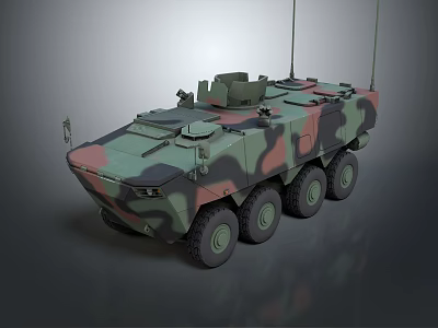 Armored Military Vehicle Featuring 8 Wheeled Design Camouflage Paint And Roof Antennas 3d model