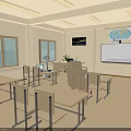 Bright Classroom Interior With Desks Chairs Whiteboard Globe TV Windows And Teacher