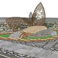 Decorative Feature Wall With Metal Leaf Design Stone Wall Lawn And Seaside View