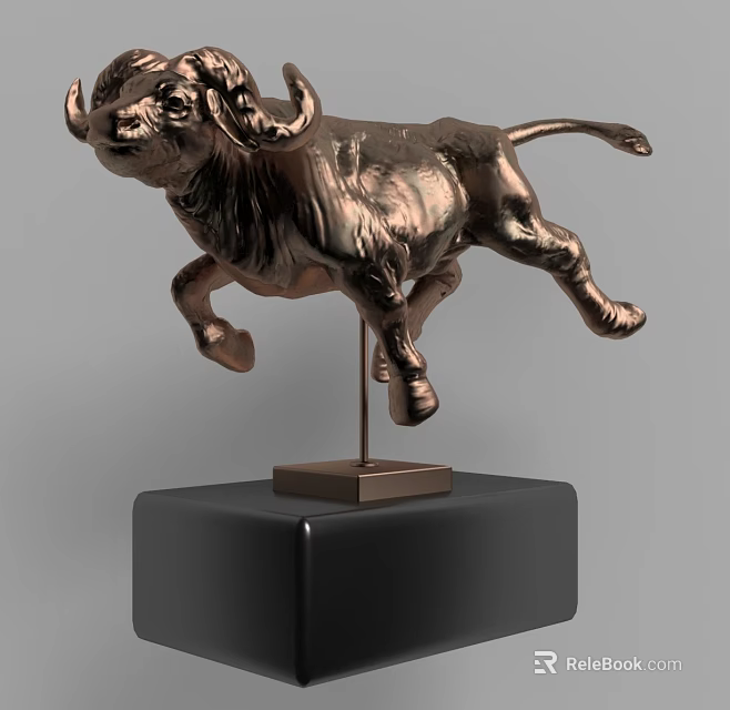 Copper Bull Shaped Decorative Ornament Set With Black Square Base And Metallic Finish 3d model 