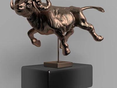 Copper Bull Shaped Decorative Ornament Set With Black Square Base And Metallic Finish 3d model