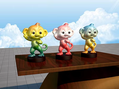 Three Colorful Monkey Sculptures On Wooden Table With Blue Sky White Clouds 3d model